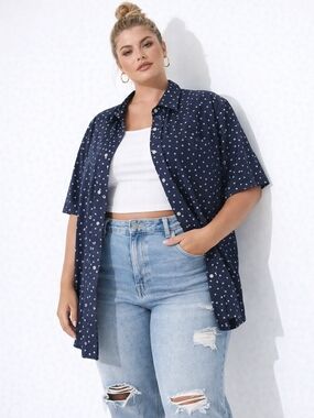 George Navy Blue Geometric Print Button Down Shirt 2XL NWT Short Sleeve Classic